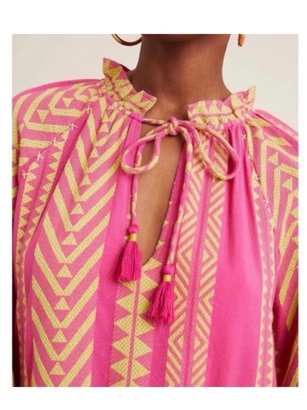 Anthropologie Maeve Dominique Tiered Tunic Pockets Cotton Geometric Print Dress - Picture 5 of 11